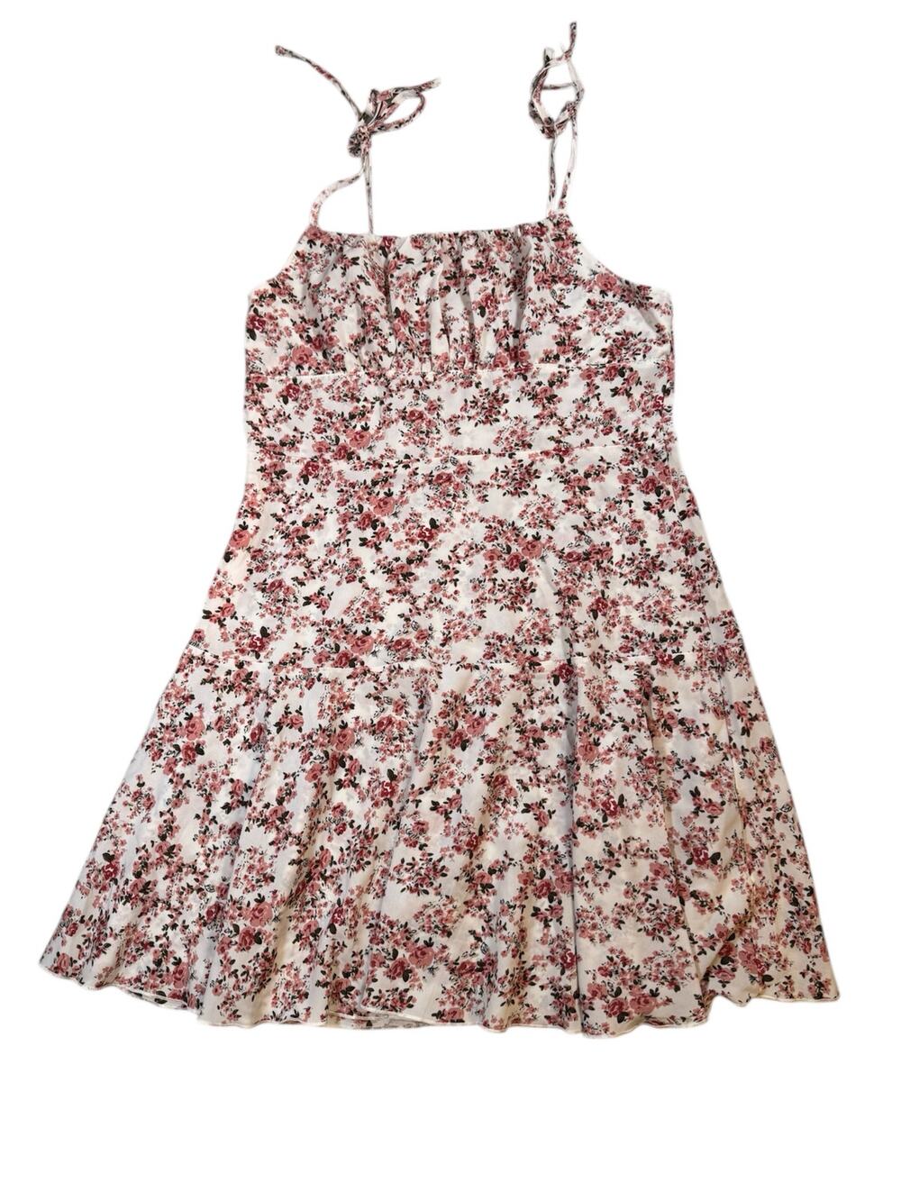 NWT Cupshe L White Pink Floral Mini Sundress Tie Straps Ruched Bust Summer Boho